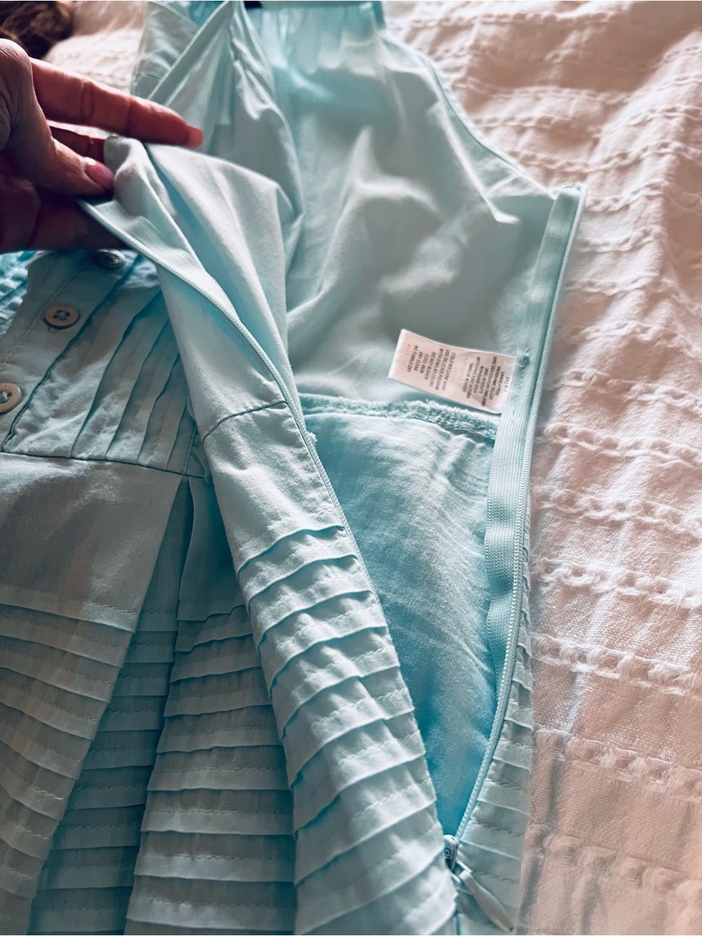 Tara Jarmon Aquamarine Pintuck Cotton Dress FR 36 US 4 Fit & Flare Side Zip - Picture 12 of 12